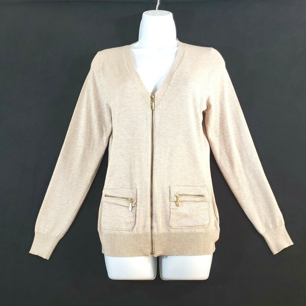 Cyrus Women Small Sweater Beige Full Zip Lightweight V-Neck Light Academia